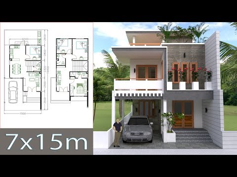 Plano de diseño de casa 7x15m con 4 habitaciones.