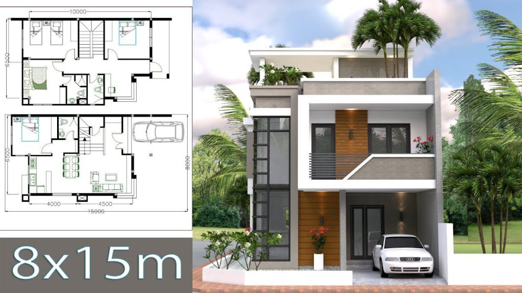 Plano de diseño de casa 8x15m con 4 habitaciones