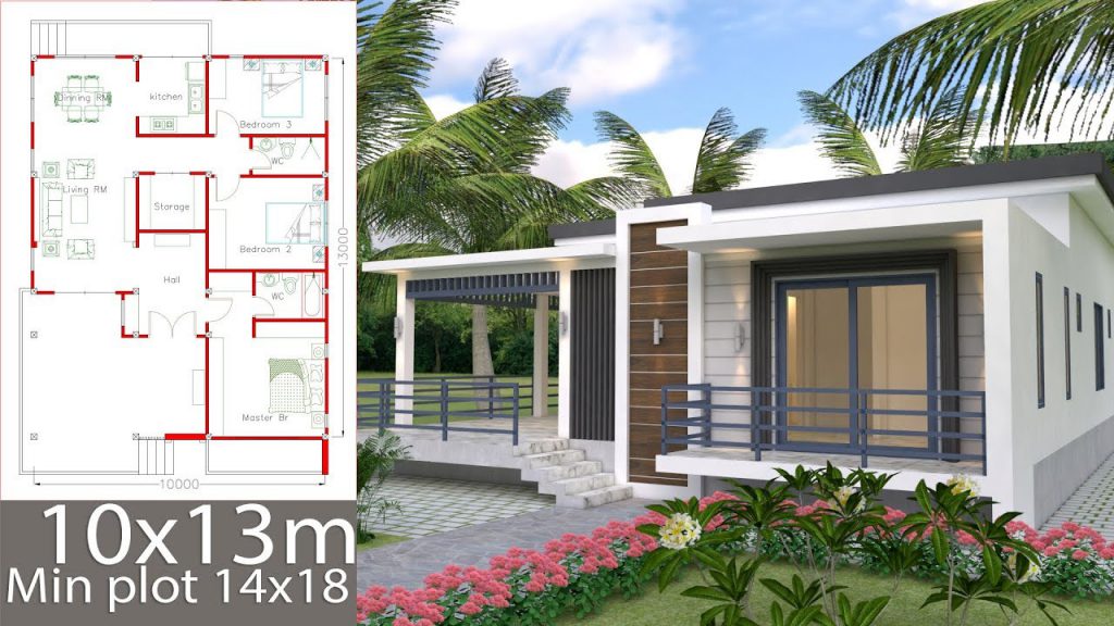 Sketchup Home Design Plan 10x13m con 3 habitaciones